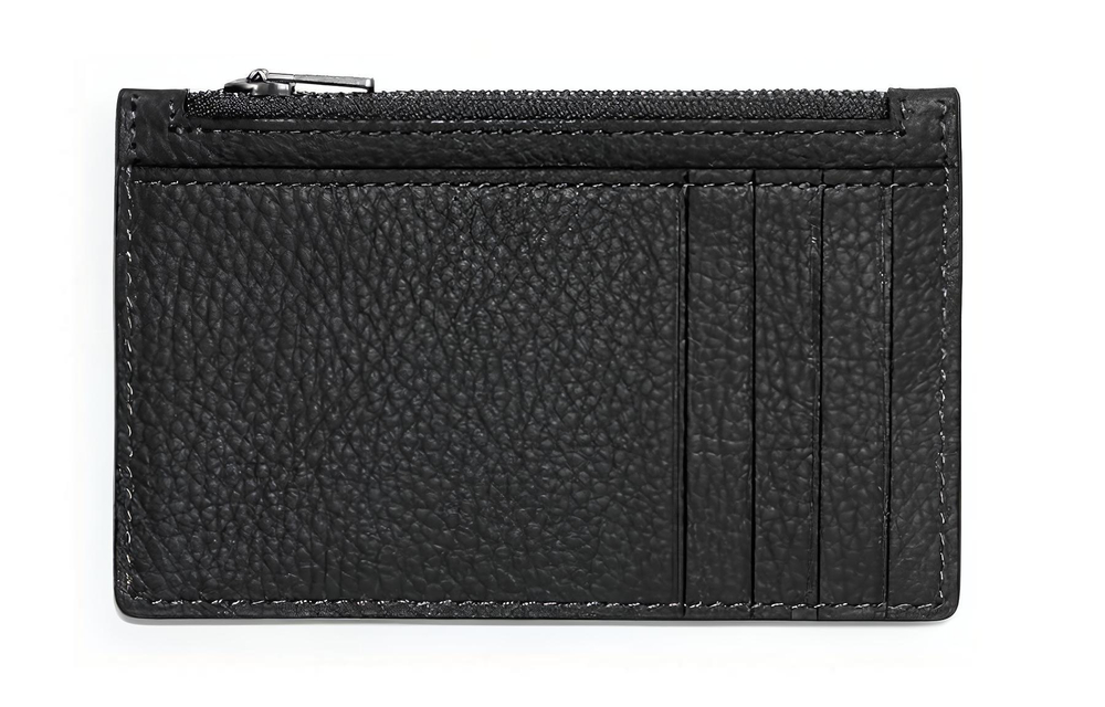 COACH Card Case Zip Closure Pebble Texture Cow Leather Coin Purse, Card Holder Unisex Black