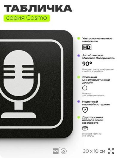 Табличка Студия звукозаписи, 30х10 см, для офиса, кафе, магазина, паркинга, серия COSMO, Айдентика Технолоджи