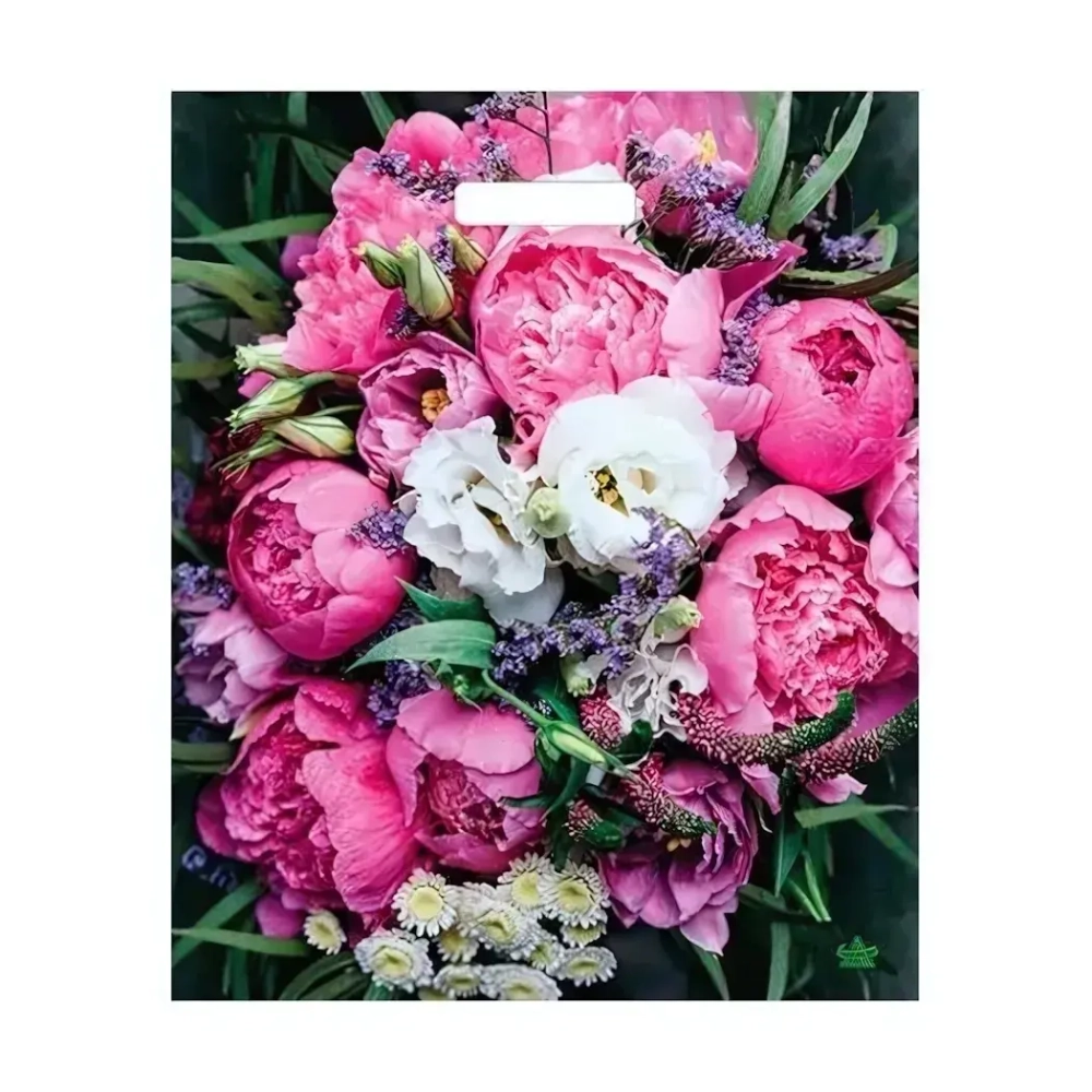 Пакет ПЭ с вырубной ручкой 38+3Тико ламинация (Пионы) Россия (комплект 50 шт)