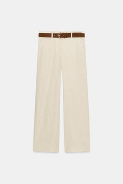 ZARA БРЮКИ-КЮЛОТЫ ИЗ ЛЬНА С ПОЯСОМ, СВЕТЛО-БЕЖЕВЫЙ