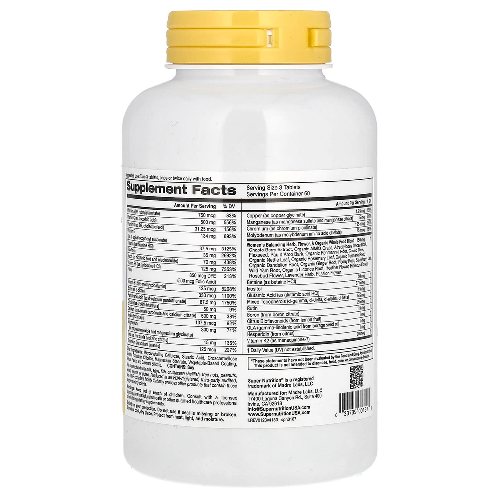 Super Nutrition, смесь для женщин, для ежедневного приема, мультивитамины и растительные компоненты для восстановления баланса, без железа, 180 таблеток