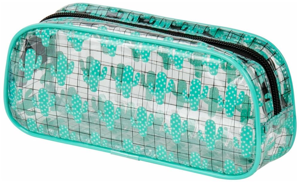Пенал-косметичка BRAUBERG LUCENT на молнии, прозрачный, "Cactus", 21х5х9 см, 270053