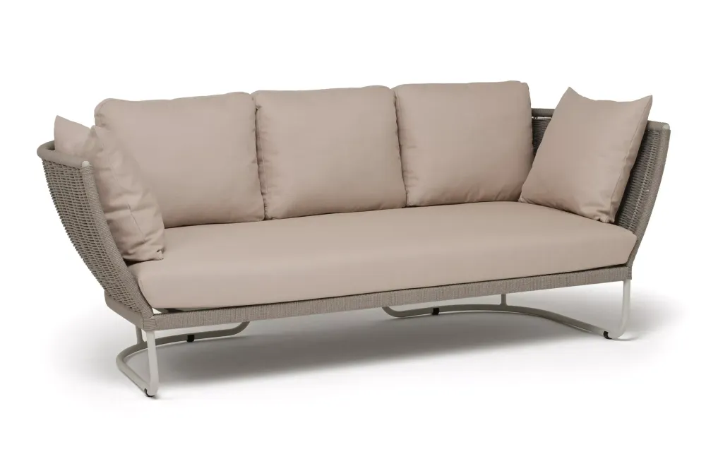 "Фиджи" диван 3-местный плетеный из роупа, каркас алюминий светло-серый (RAL7035) муар, роуп серый меланж круглый, ткань Mossle бежевая