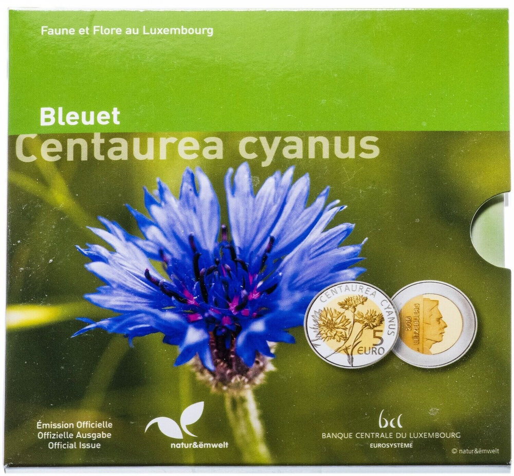 ЛЮКСЕМБУРГ, 2016, 5 ЕВРО [CENTAUREA CYANUS] [БИМЕТАЛЛ: СЕРЕБРО + NORDIC GOLD]