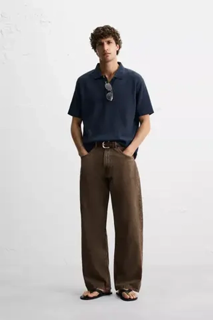ZARA ПОЛО С ВЕРТИКАЛЬНЫМ РЕЛЬЕФНЫМ УЗОРОМ, МОРСКОЙ СИНИЙ