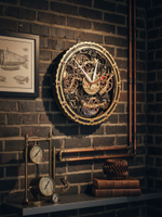 Интерьер лофт: настенные часы WoodandRoot Automaton на тёмной кирпичной стене с латунными манометрами и стимпанк-декором