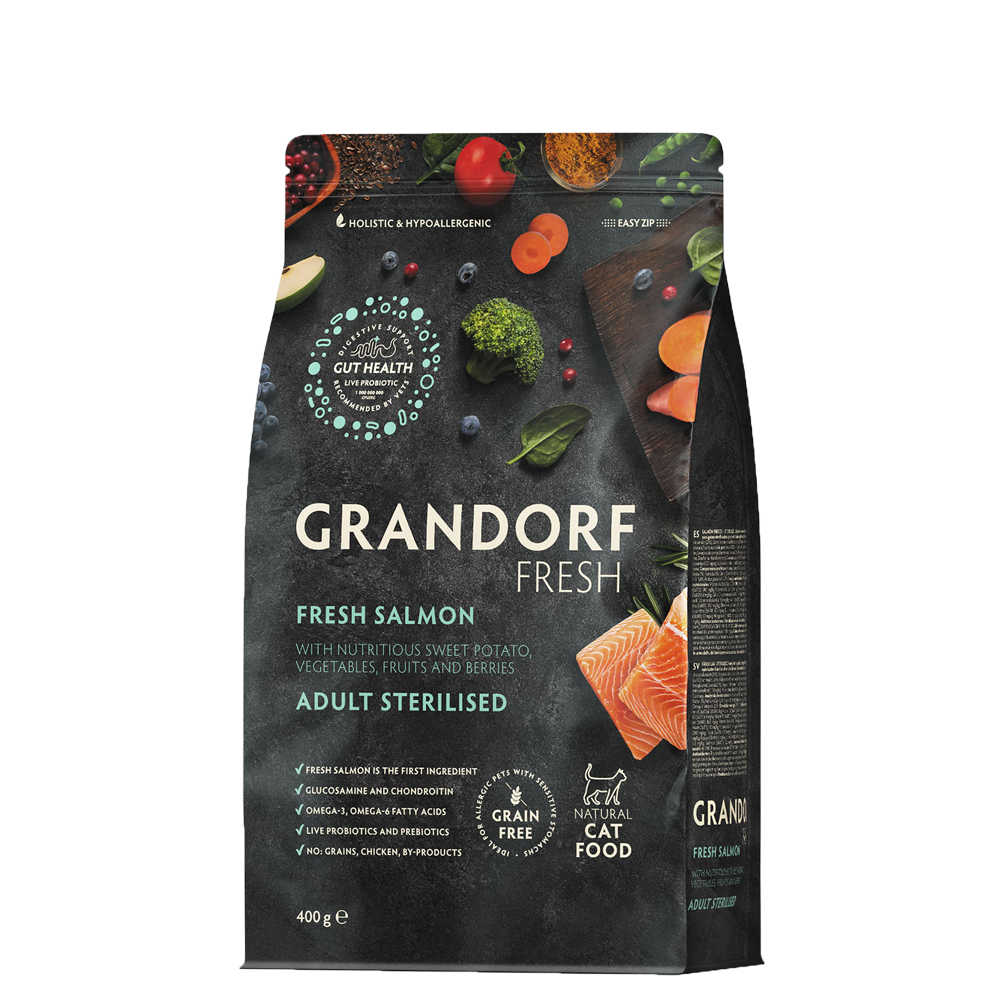 GRANDORF FRESH Salmon & Potato Sterilised Adult - лосось & батат для стерилизованных или пожилых кошек от 1 года (Биоразлагаемая упаковка)