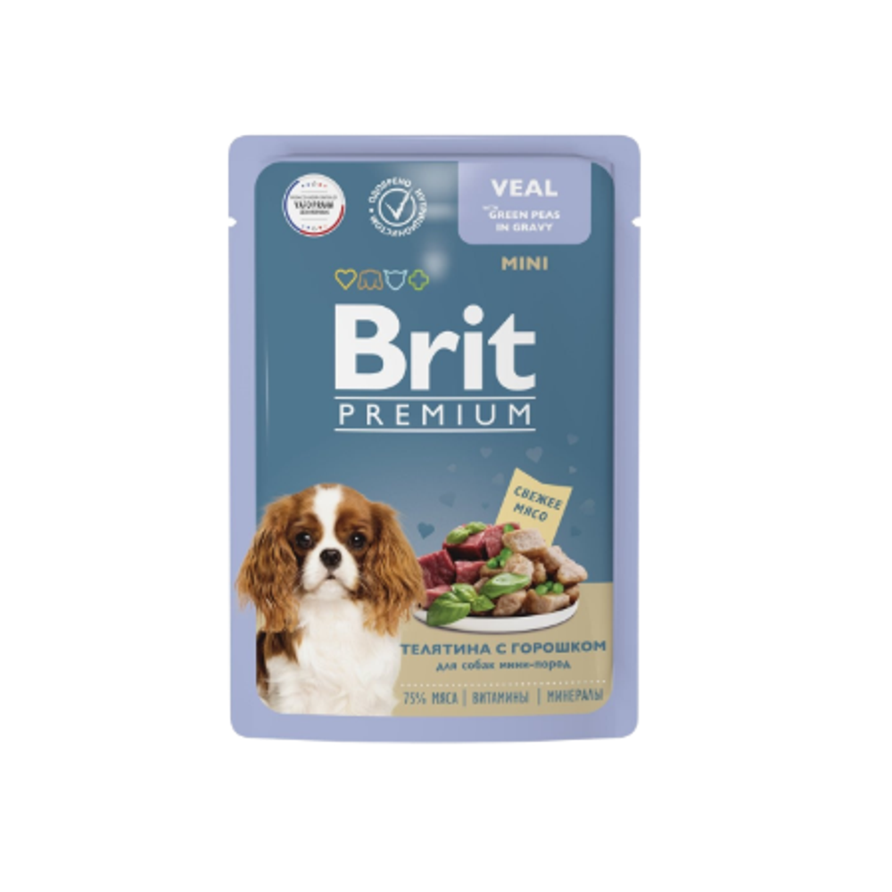 Влажный корм для собак BRIT PREMIUM для взрослых собак мини пород, телятина с зеленым горошком, в соусе 85г