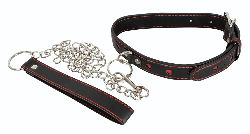 Узкий ошейник с сердечками и поводком-цепочкой (Цвет: черный с красным)