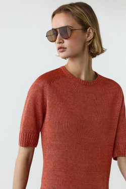 Massimo Dutti Вязаный свитер с короткими рукавами из 100% льна, терракотовый