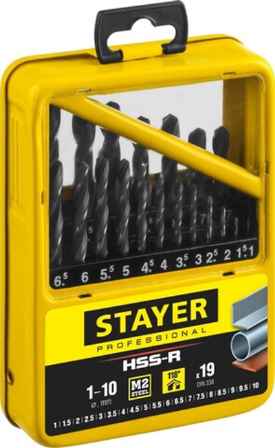 STAYER HSS-R, 19 шт, (1-10 мм), быстрорежущая сталь P6M5, класс В, мет.бокс, набор сверл по металлу, Professional (29602-H19-M)