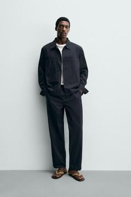 ZARA БРЮКИ STRAIGHT FIT ИЗ ПОПЛИНА, МОРСКОЙ СИНИЙ