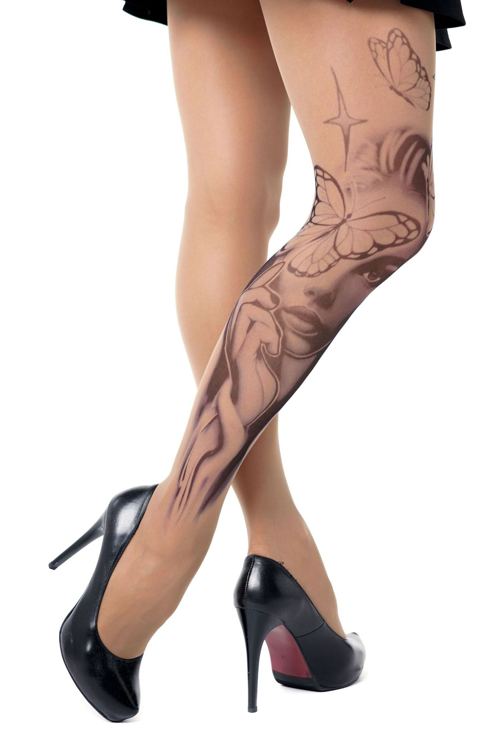 Колготки +size с принтом в виде девушки в окружении бабочек (Размер: XL-XXL-XXXL) (Цвет: бежевый)