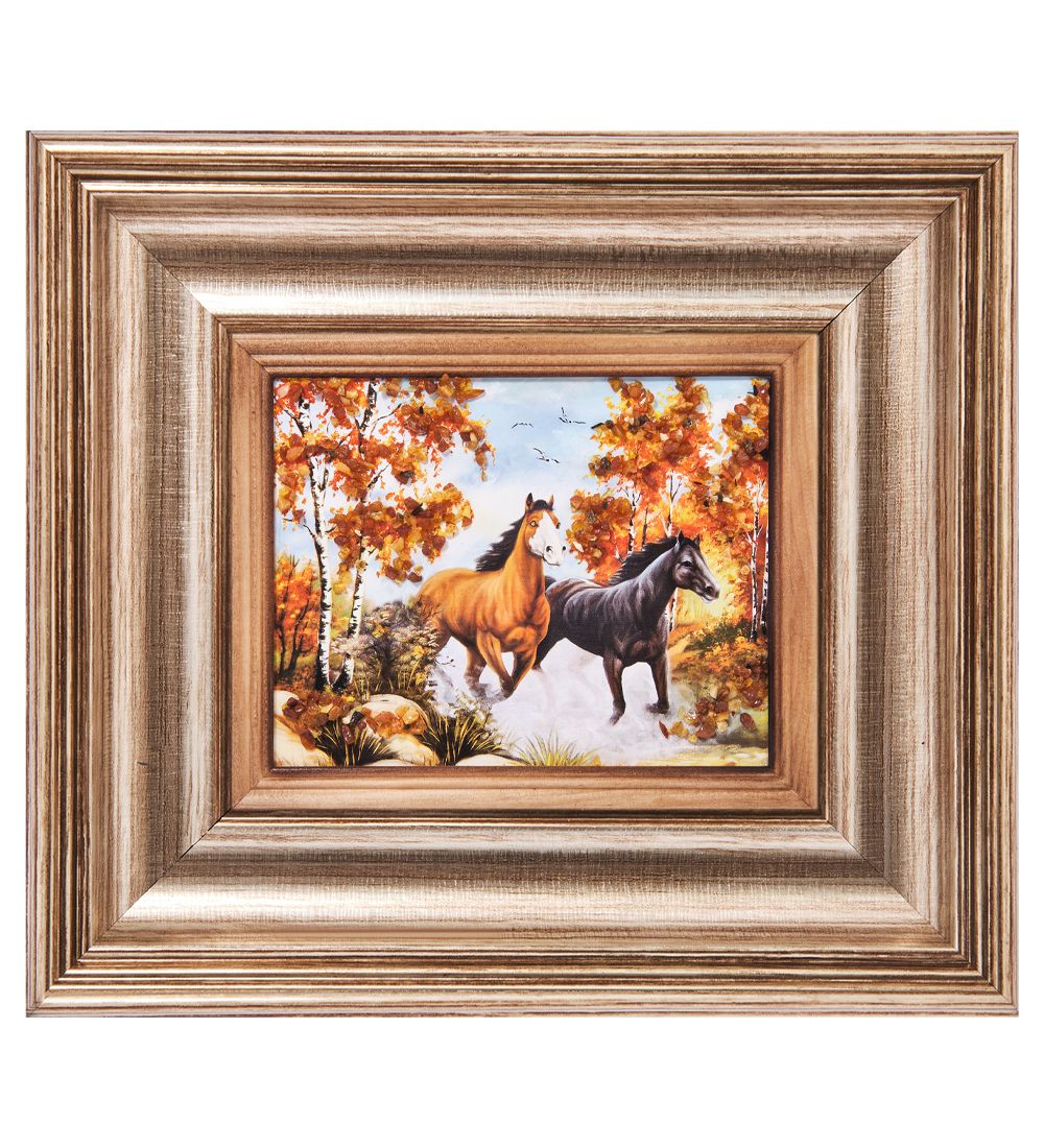 AMB-04/23 Картина «Лошади» (с янтарной крошкой) L-18см