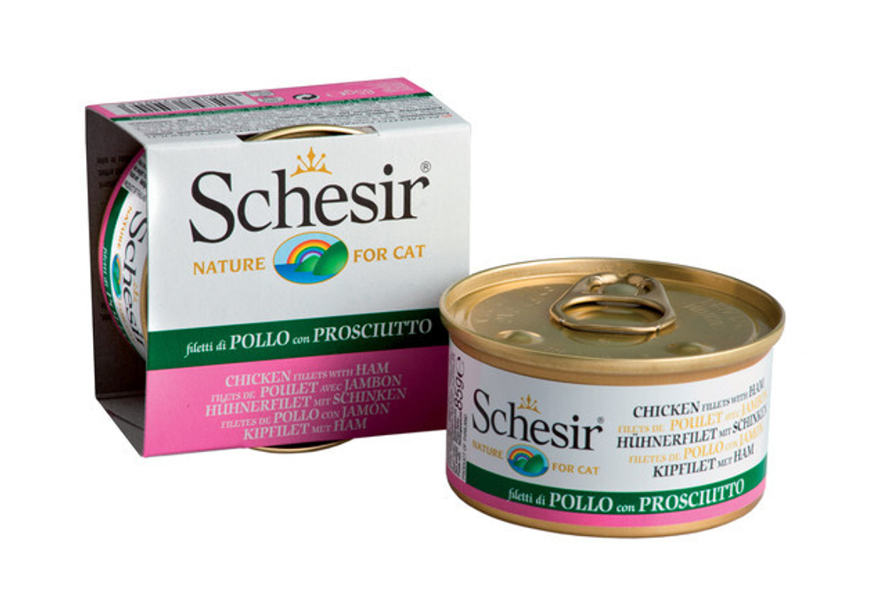 "Schesir" консервы для кошек ФИЛЕ ЦЫПЛЁНКА+ВЕТЧИНА 85гр x 1 шт.