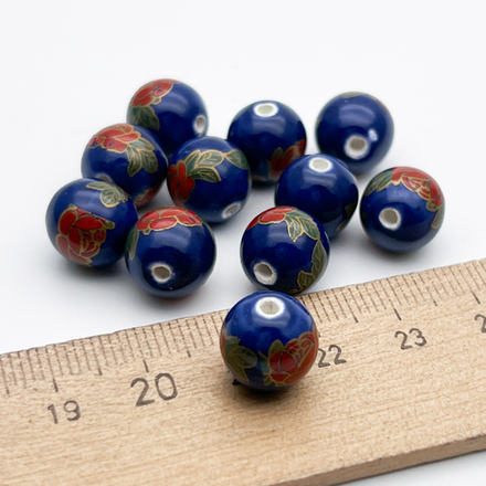 Бусины Шар с цветами, керамика, цвет синий+красный, размер около 10 мм, цена за 1 шт