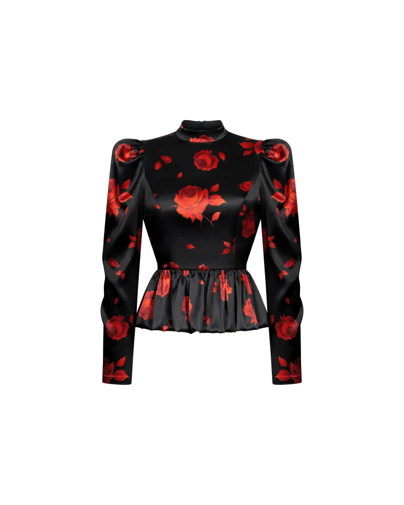 Валиса (Valisa top), топ из черного атласа с цветочным принтом
