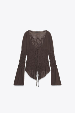 ZARA ТОП С ЗАВЯЗКАМИ И ЭЛАСТИЧНЫМИ СБОРКАМИ, КОРИЧНЕВЫЙ