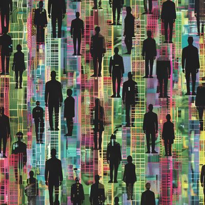 Силуэты людей на фоне цифрового города