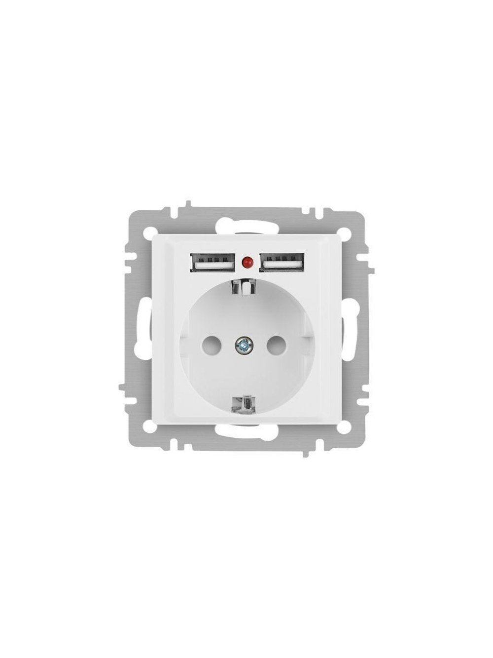 Розетка 1-м СП Accent 6-410-01М 16А IP20 250В P+E Schuko защ. шторки + 2хUSB бел. матов. Intro Б0063691