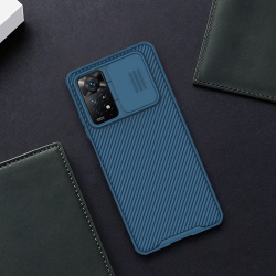 Чехол синего цвета от Nillkin CamShield для смартфона Xiaomi Poco X4 Pro 5G, с защитной шторкой для камеры