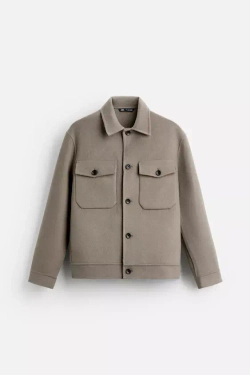 ZARA КУРТКА-РУБАШКА ИЗ СМЕСОВОЙ ШЕРСТИ, СЕРО-КОРИЧНЕВЫЙ