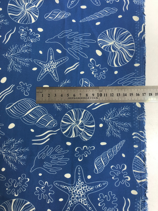 Штапель принт морская фауна на голубом BST3887