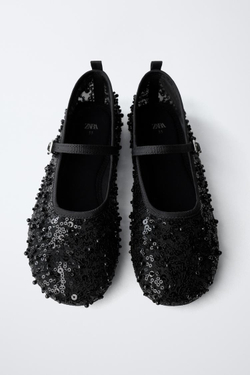 ZARA БАЛЕТКИ С ПРЯЖКОЙ И ЖЕМЧУЖИНАМИ, ЧЕРНЫЙ