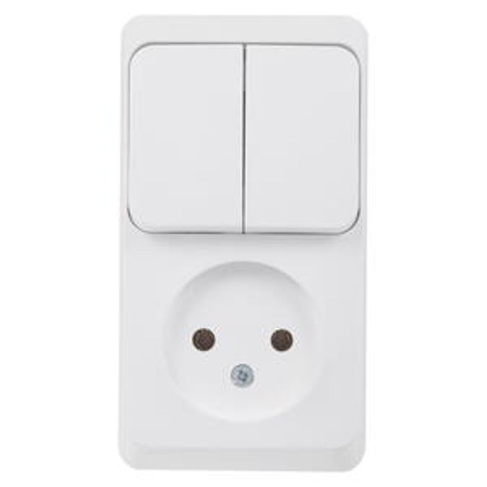 Schneider Electric ЭТЮД Белый Блок: Розетка без заземляющих контактов+ выключатель 2-клавишный открытая установка BPA16-205B