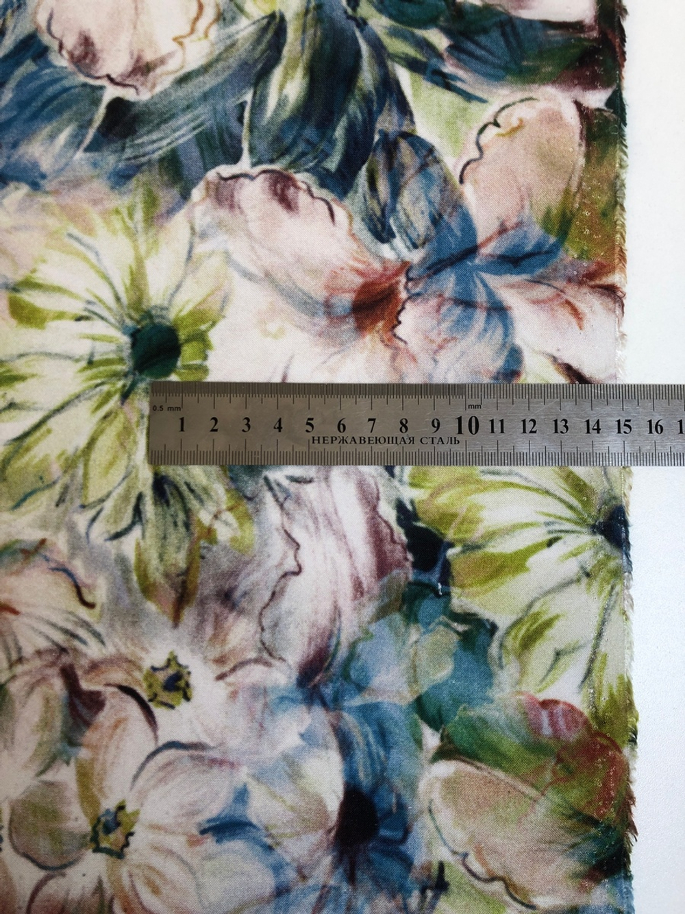 Штапель принт цветы акварель, оливка/синий/серый на молочном D12C1