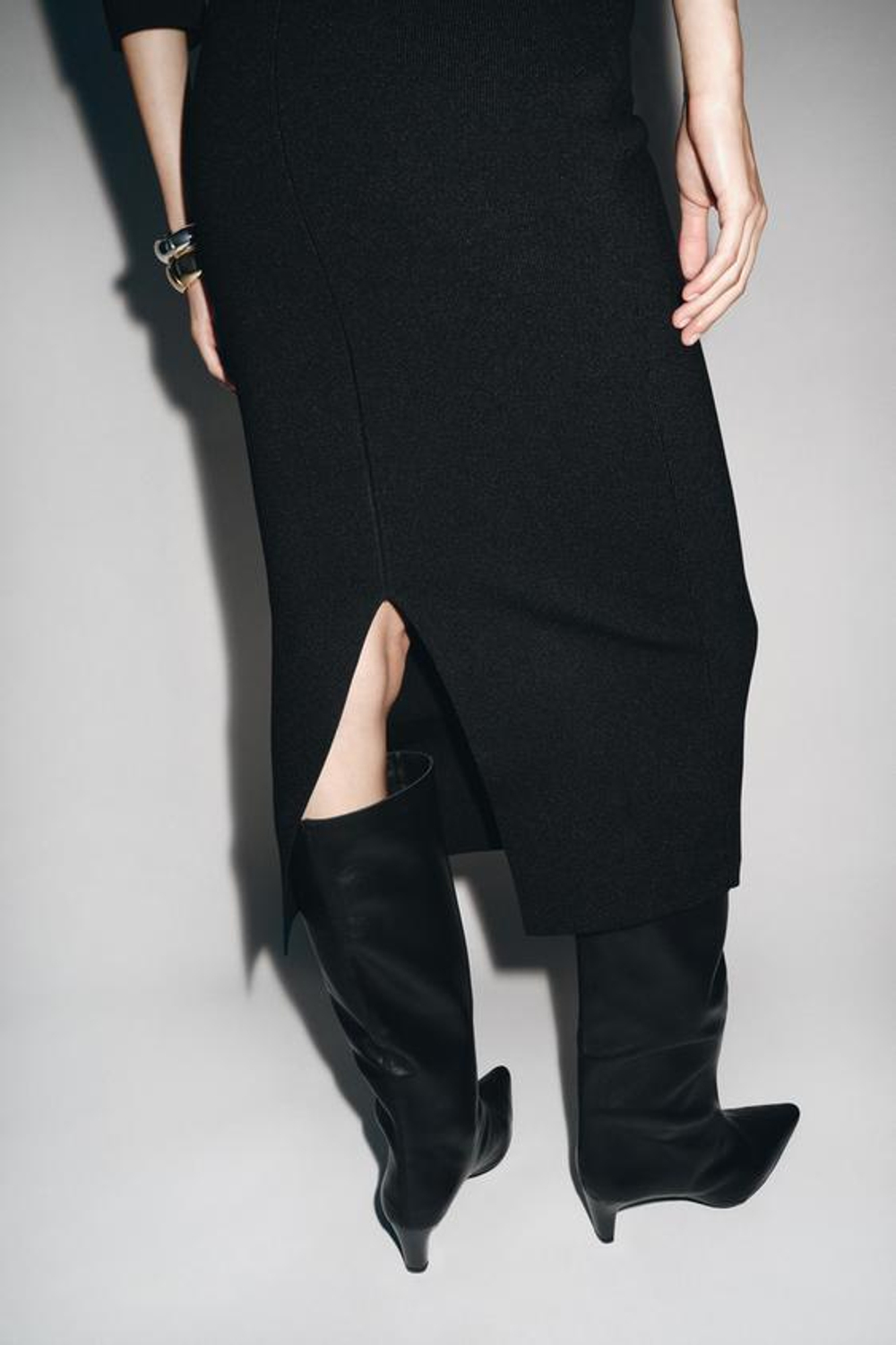 ZARA ТРИКОТАЖНАЯ ЮБКА-МИДИ, ЧЕРНЫЙ