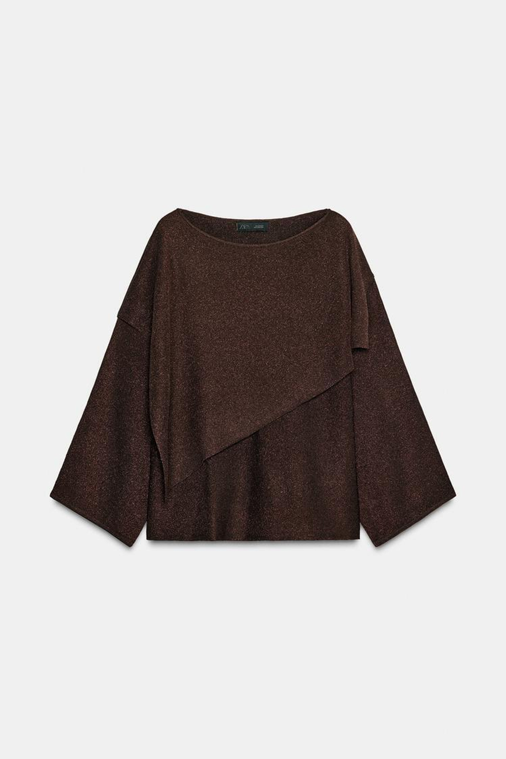 ZARA ТРИКОТАЖНЫЙ СВИТЕР-НАКИДКА С БЛЕСТЯЩЕЙ НИТЬЮ, КОРИЧНЕВЫЙ
