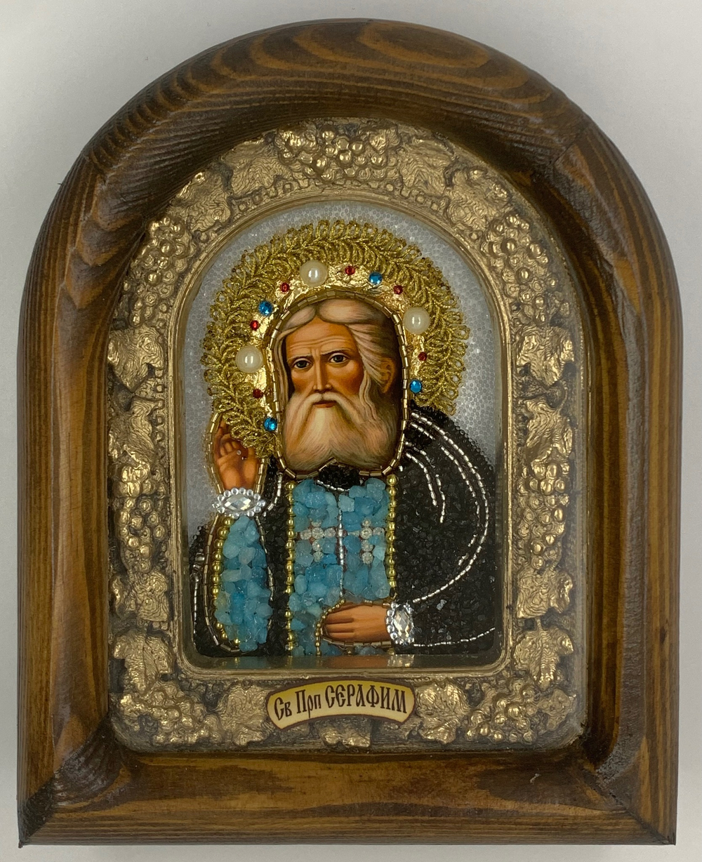 Дивеевская икона с рукописным ликом из бисера Св. Прп. Серафима.