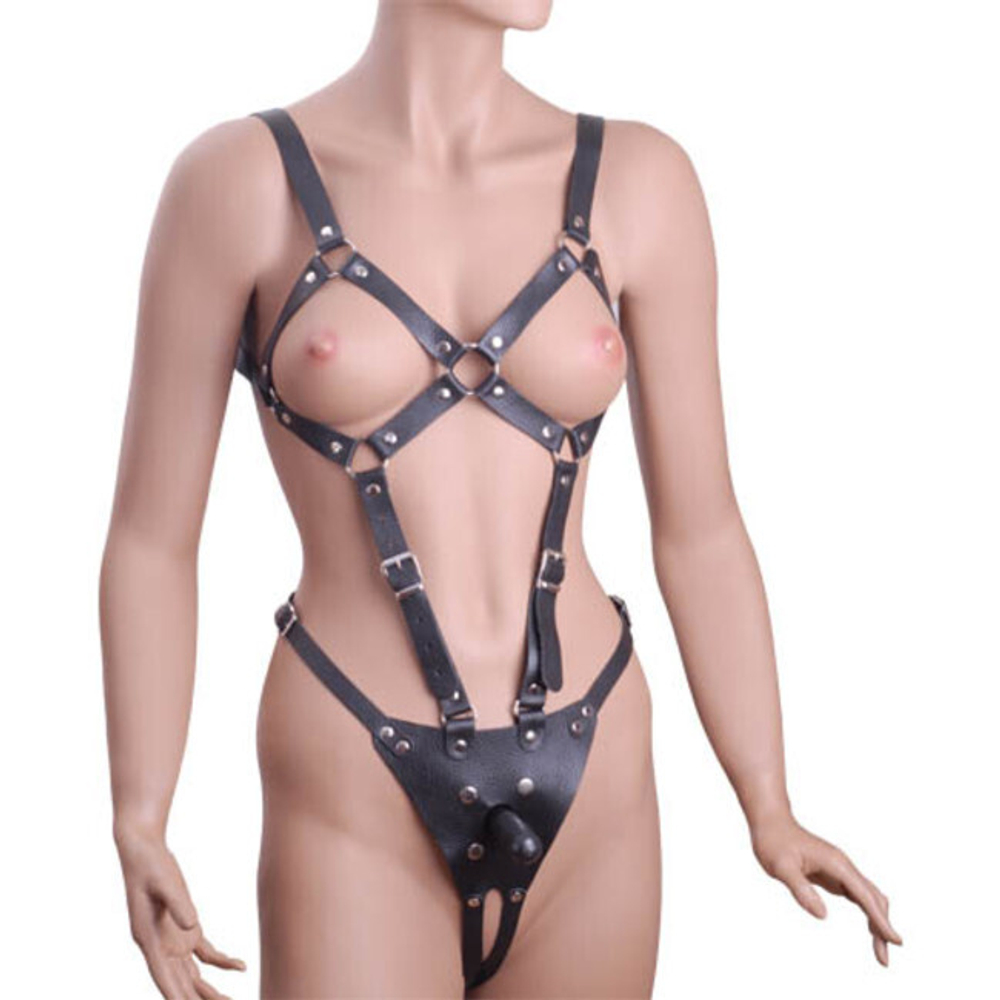 Кожаное боди харнес с креплением для фаллоса (черный) (Цвет: черный)