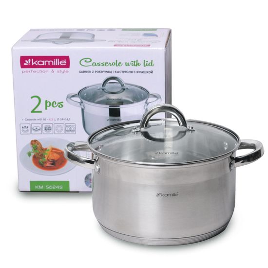 Кастрюля 6,5 л. из нержавеющей стали Kamille KM 5624S с крышкой