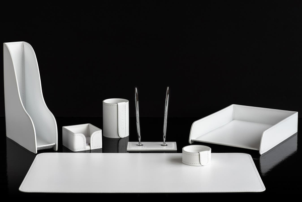 Настольный набор 7 предметов из кожи цвет белый №154