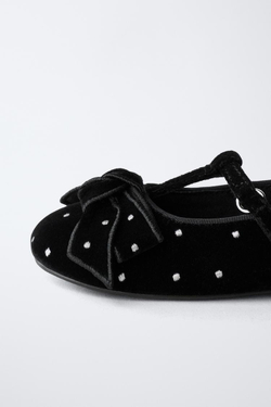 ZARA БАРХАТНЫЕ БАЛЕТКИ С БАНТОМ, ЧЕРНЫЙ