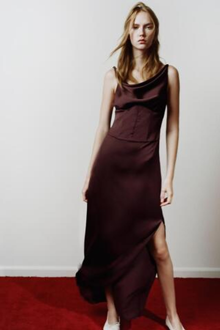 ZARA АТЛАСНОЕ ПЛАТЬЕ СО СБОРКАМИ, БОРДОВЫЙ/ЭКРЮ