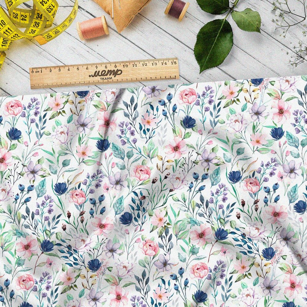 Ткань сатин букеты с листьями и бутонами