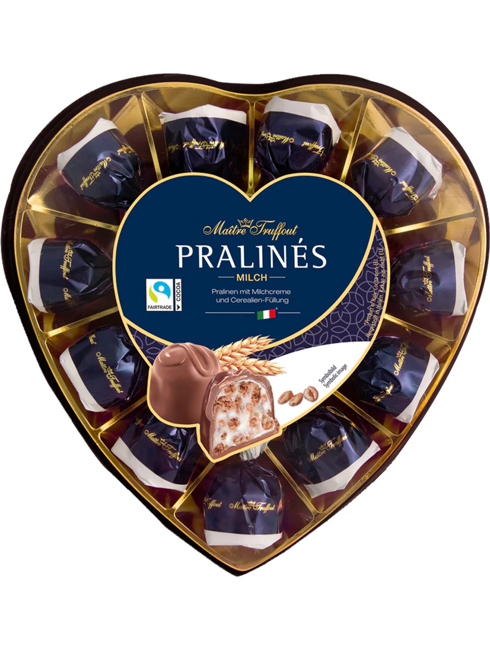 Конфеты MAITRE TRUFFOUT Pralines молочный шоколад, молочный крем и злаки, сердце 165г (1*8)