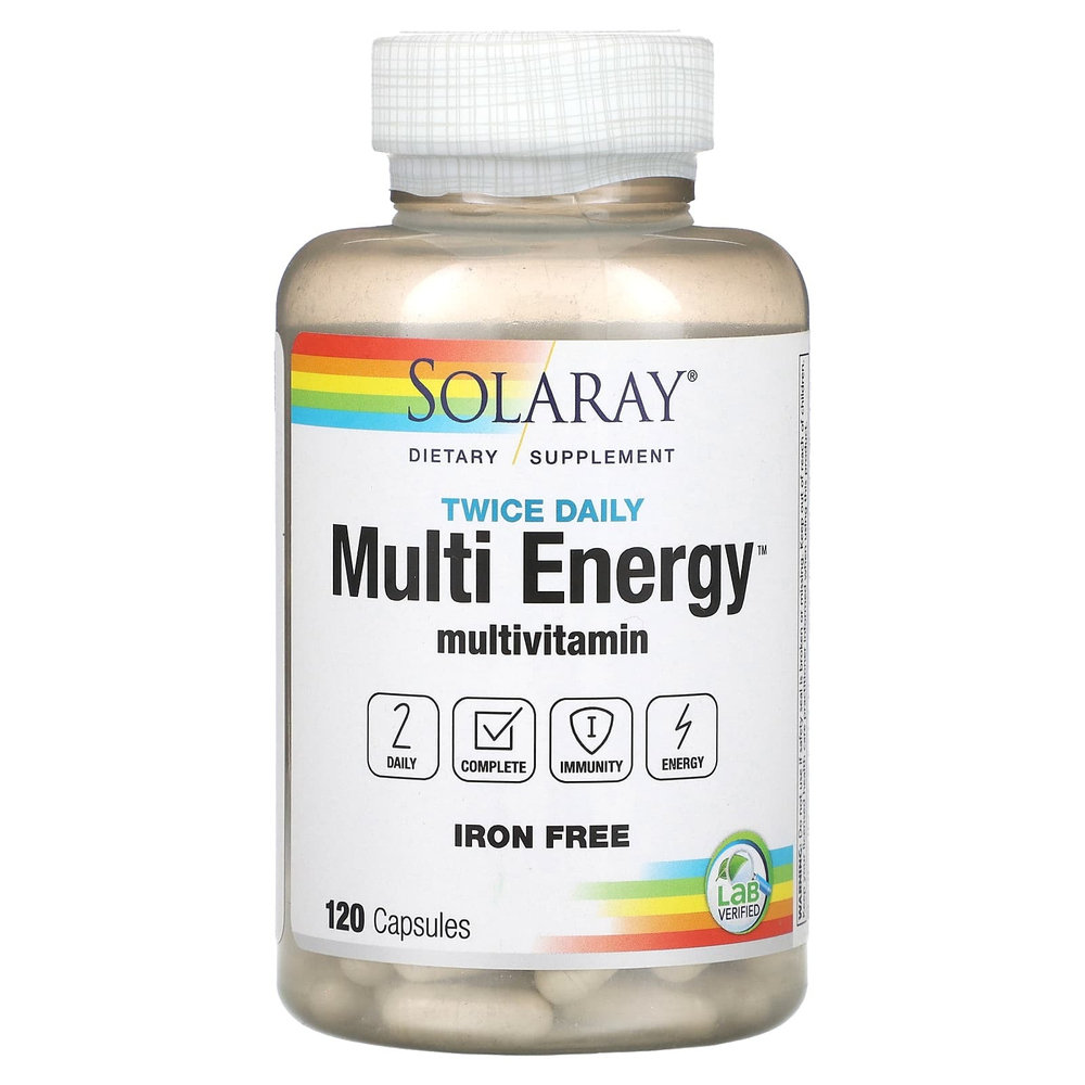 Solaray, Twice Daily, Multi Energy, мультивитаминная добавка, без железа, 120 капсул