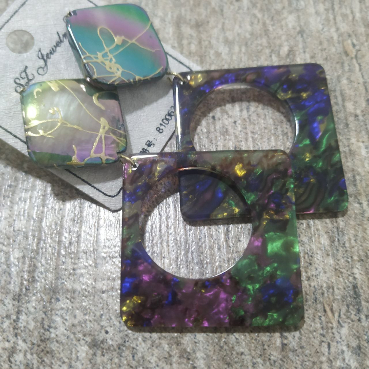 Серьги-гвоздики Murena 2 ромба паутинка цвет сине-зеленый желтый пурпурный переливистый микс