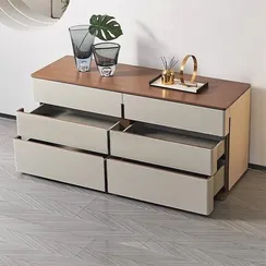 Комод с 6 ящиками Fidelio, шпон ореха, серая экокожа