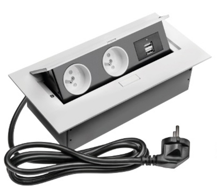 Встраиваемый горизонт. настольный удлинитель, 2 гнезда,  2 USB,  белый