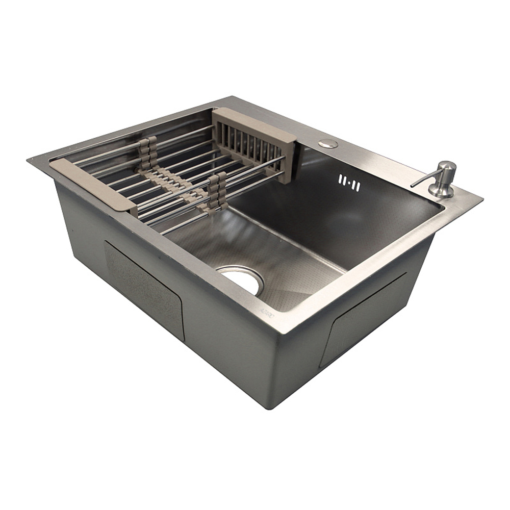 Кухонная мойка AZARIO NICOLE 500х500х220 нержавеющая сталь, в комплекте сифон, диспенсер, коландер, серебро соты (AZS5050H)