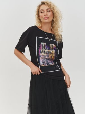 Футболка со спущенным плечом  принт "Париж", черная