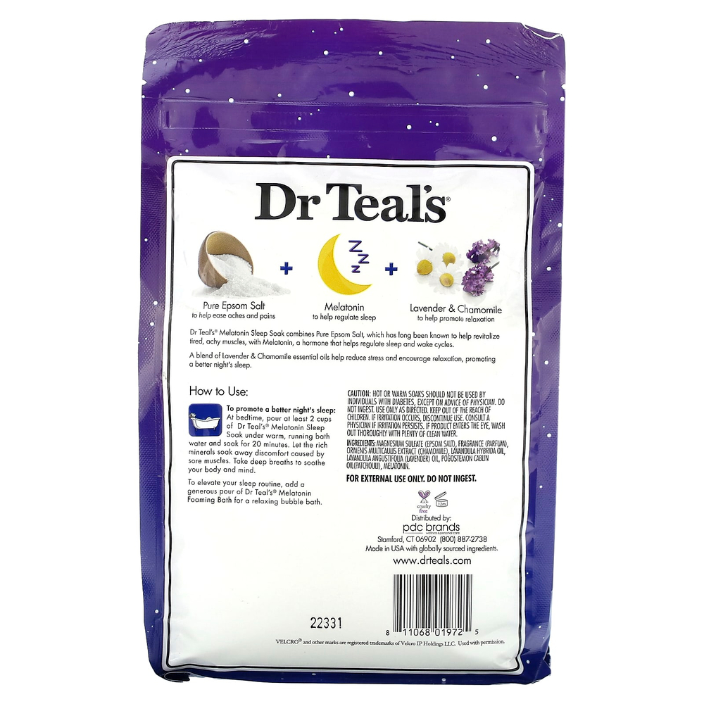 Dr. Teal's, чистая английская соль, мелатонин для сна, со смесью эфирных масел, 1,36 кг (3 фунта)