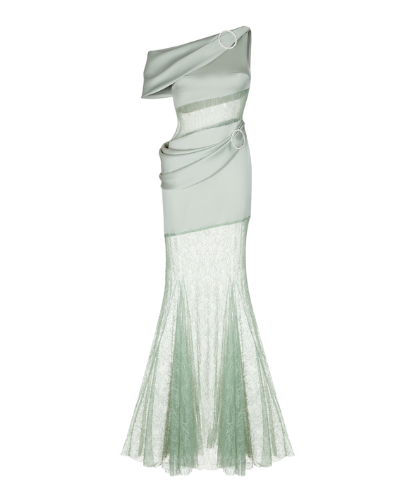 Платье макси асимметричное из сатина с кружевом драпированное с пряжками