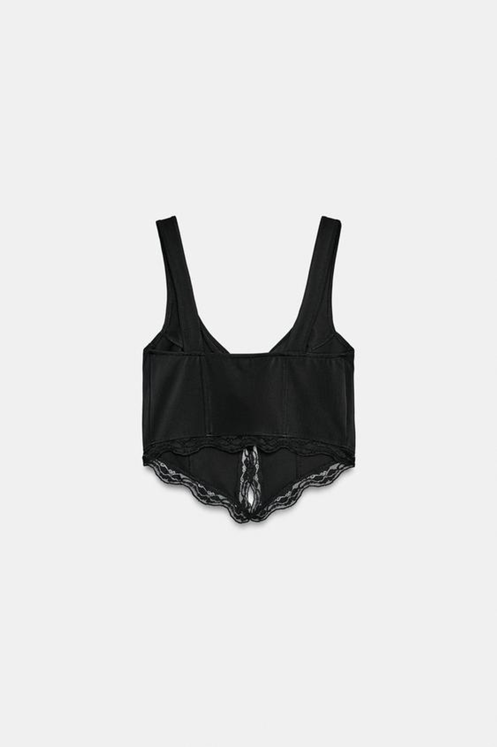 ZARA ТОП ИЗ ПОЛИАМИДА С КРУЖЕВОМ И ПУГОВИЦАМИ, ЧЕРНЫЙ