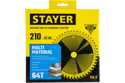Пильный диск по алюминию STAYER Multi Material 210x32/30 мм, 64Т, супер чистый рез 3685-210-32-64